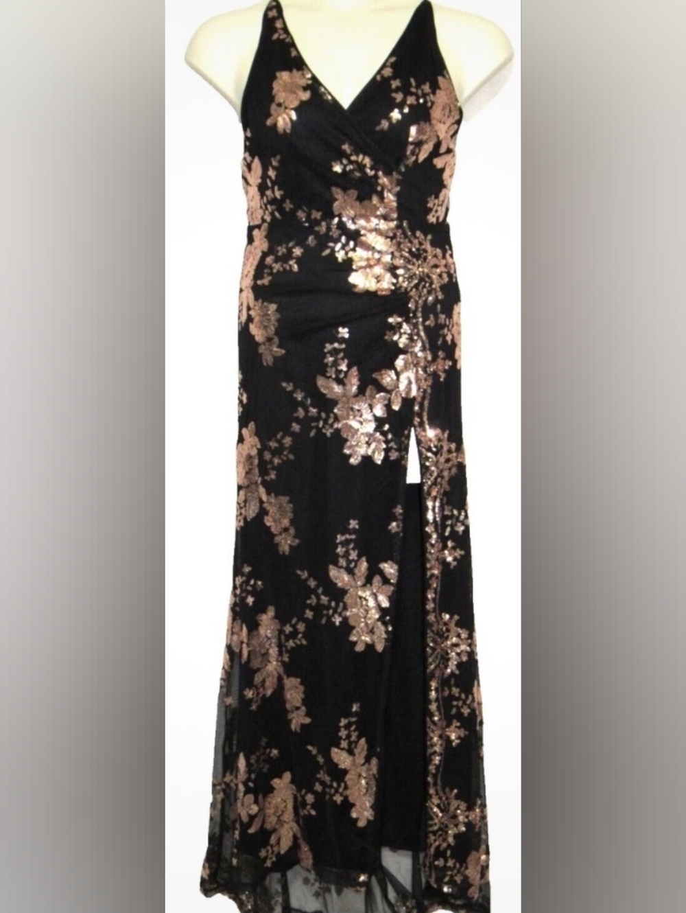 Simplee Black Maxi Dress/Evening Gown w/Rose Gold Sequin Floral Design, Sz L! 🍁